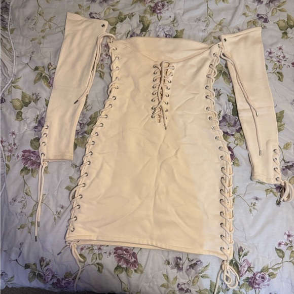 Strapless Cream Dress with Lace-Up Detail - Picture 2 of 3